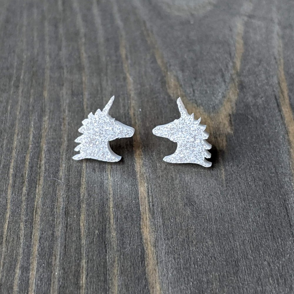 Sparkly Acrylic Unicorns with White Silver Glitter Stud Earrings
